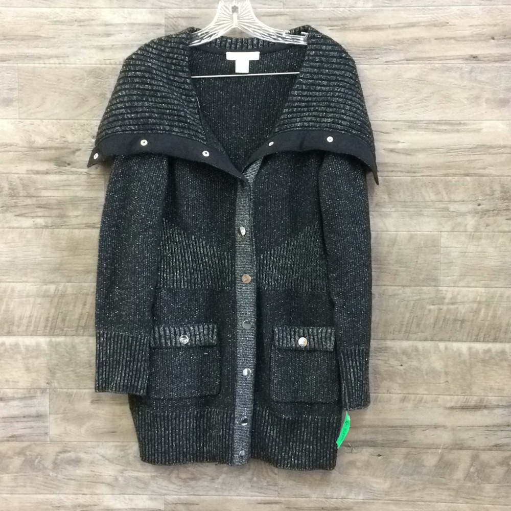 White House Black Market Black & Silver Metallic Knit Cardigan